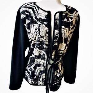 MEGA WEAR Black Tunic with Lace and Small Sequins Long Sleeves Zip Front Sz 18